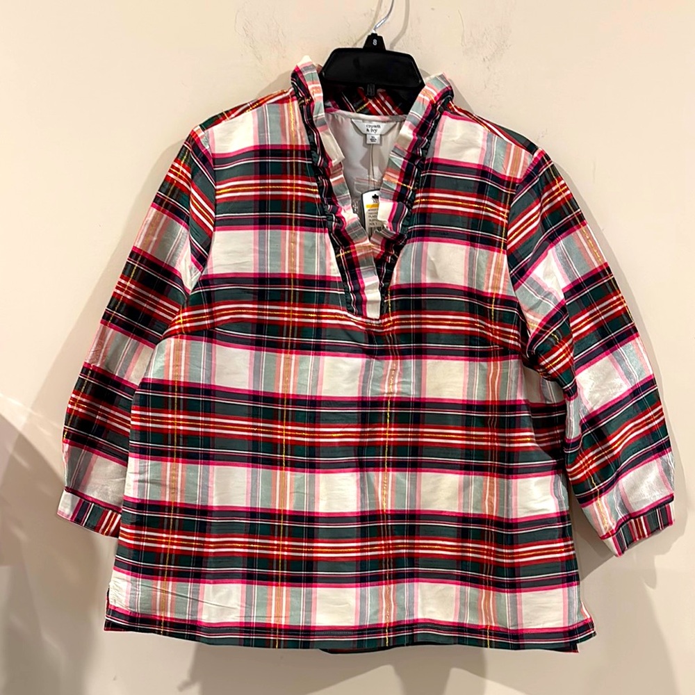 Crown & Ivy Ruffle Neck Plaid Sz XL Shirt in Red Pink and Green New